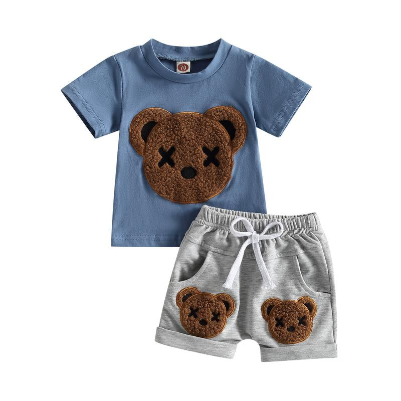 Adorable Baby Boys Summer 2-Piece Outfit Set with Cartoon Bear Design - Short Sleeve T-Shirt and Casual Elastic Shorts