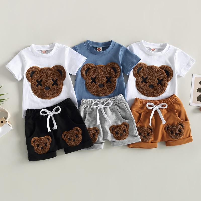 Adorable Baby Boys Summer 2-Piece Outfit Set with Cartoon Bear Design - Short Sleeve T-Shirt and Casual Elastic Shorts