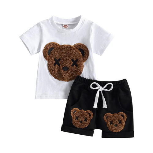 Adorable Baby Boys Summer 2-Piece Outfit Set with Cartoon Bear Design - Short Sleeve T-Shirt and Casual Elastic Shorts