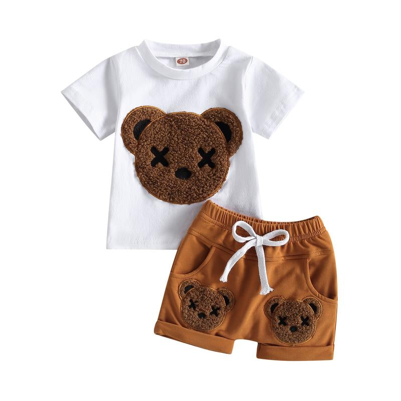 Adorable Baby Boys Summer 2-Piece Outfit Set with Cartoon Bear Design - Short Sleeve T-Shirt and Casual Elastic Shorts